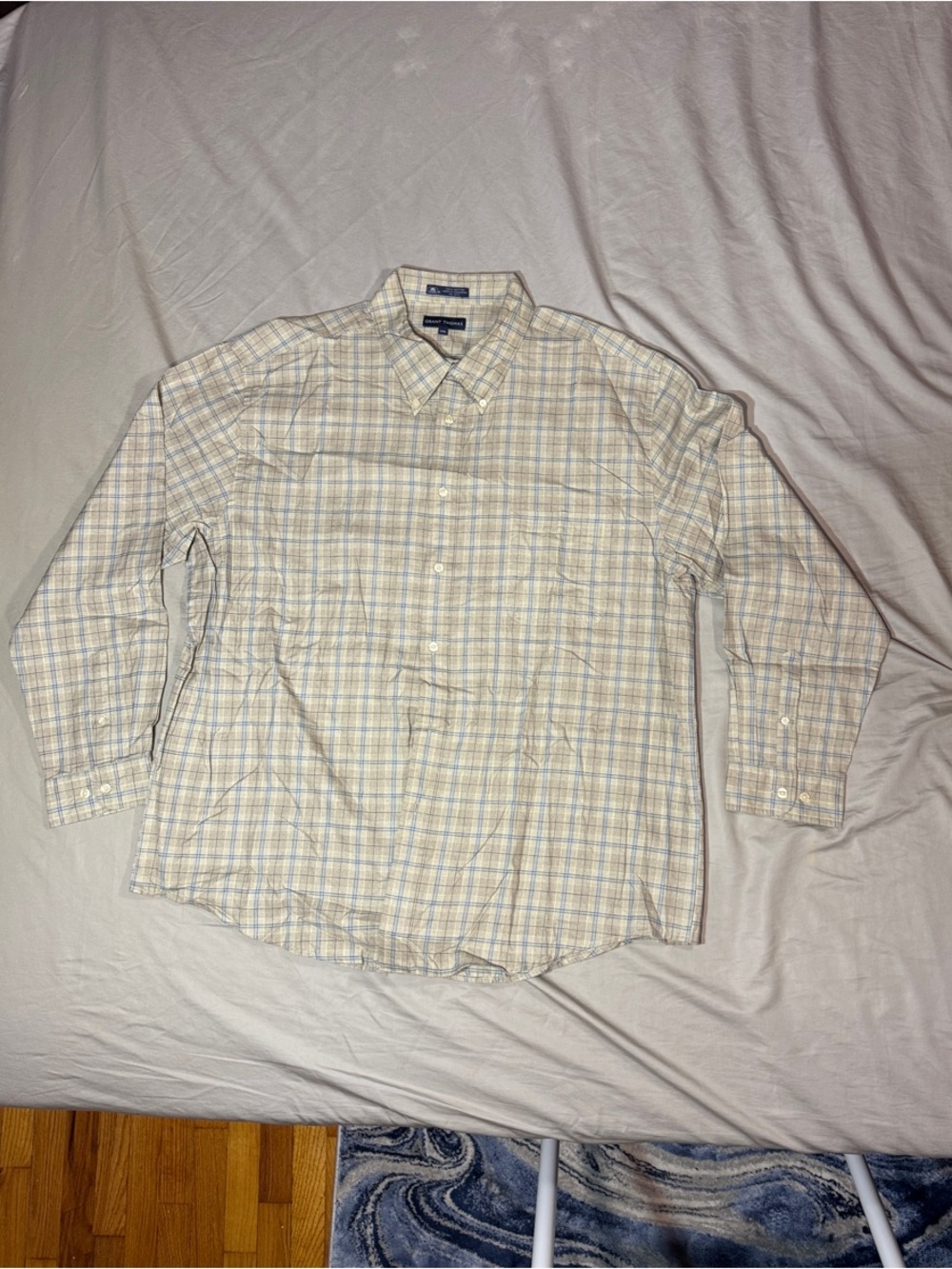 Classic Plaid Button-Down Dress Shirt — Cream and Light Blue